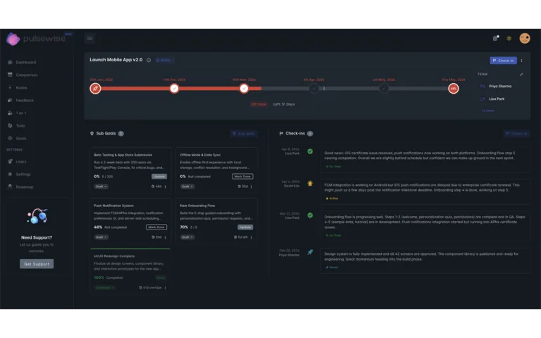 Goals Management showing detailed OKR tracking and progress